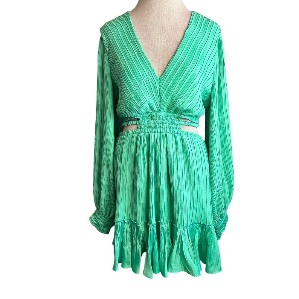 Jonathan Simkhai Dress Women's Large Green V-Neck Long Sleeves Cutout Waist Mini